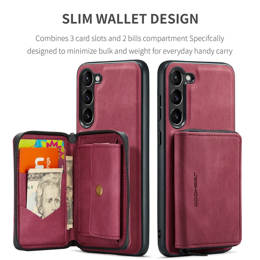 JEEHOOD Luxury Detachable Zipper Purse Card Bag Wallet Case for Galaxy A12 A13 A14 A22 A32 A35 A42 A51 A52 A53 A54 A55 A72 A73