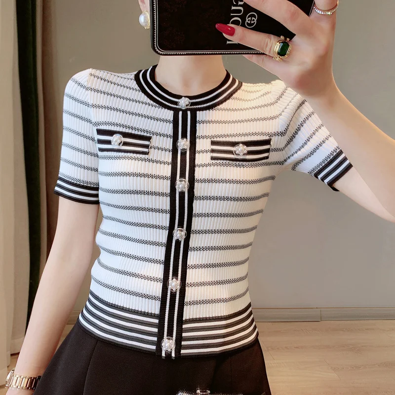 

Fake Cardigan Knit Shirt Black Ladies Summer Tops 2022 White Women O Neck Single-breasted Striped T Shirt Tops Pink Knit Tshirt