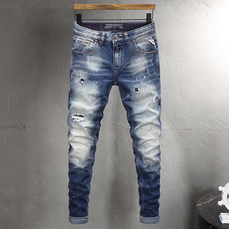 Fashion Designer Men Jeans High Quality Retro Washed Blue Painted Ripped Jeans Men Vintage Trousers Casual Denim Pants Hombre