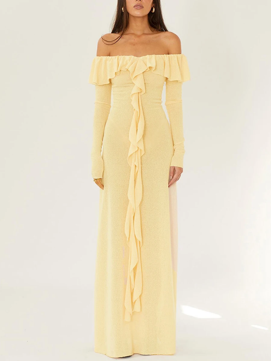 

New Fashion Womens Long Fitted Evening Dress Solid Color Long Sleeve Off Shoulder Ruffle Party Dress Skin Friendly Hot Sale