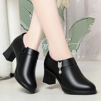 Women's Chunky Heel Soft Leather Shoes - Zipper Closure, Shallow Mouth Pointed-Toe with Rhinestones, Fashionable Low-Cut Pumps 1