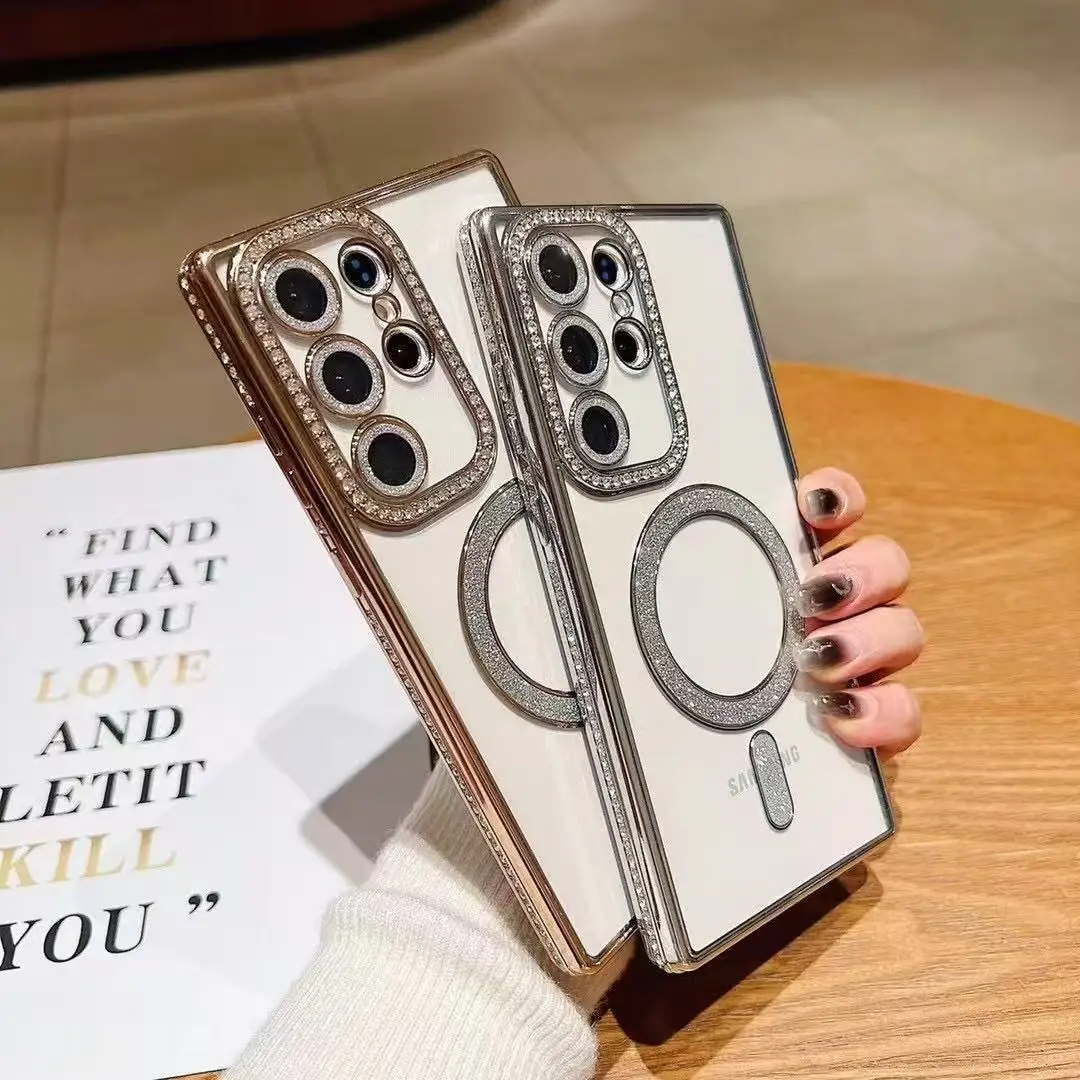 Transparent Magnetic Phone Case with Electroplating TPU and Rhinestone Design - 5G Protective Cover