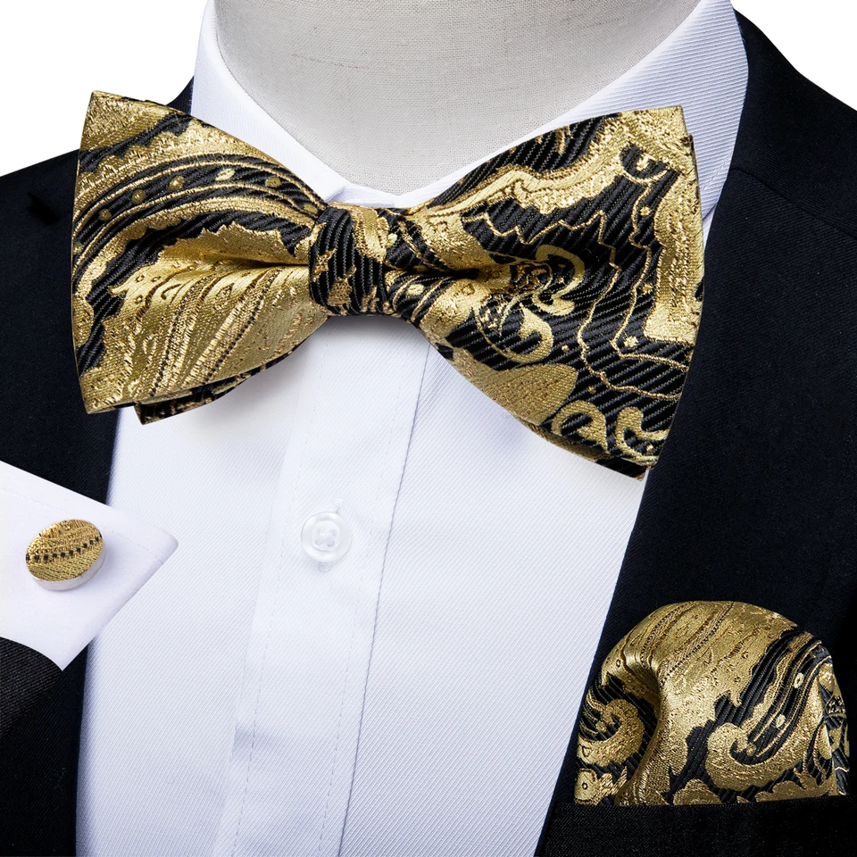 Set Papillon Uomo Con Fazzoletto Da Tasca E Gemelli - Paisley In Seta Nero - Per Matrimoni Ed Eventi - 4
