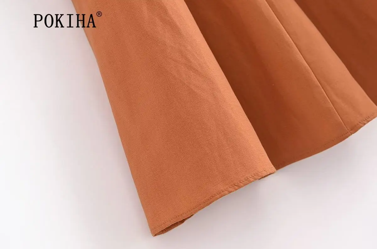 Pokiha Fashion Women Vintage Linen Front Buttons Cropped Waistcoat And Elegant Mid Waisted Midi Dress Female Chic Two_voghion.com