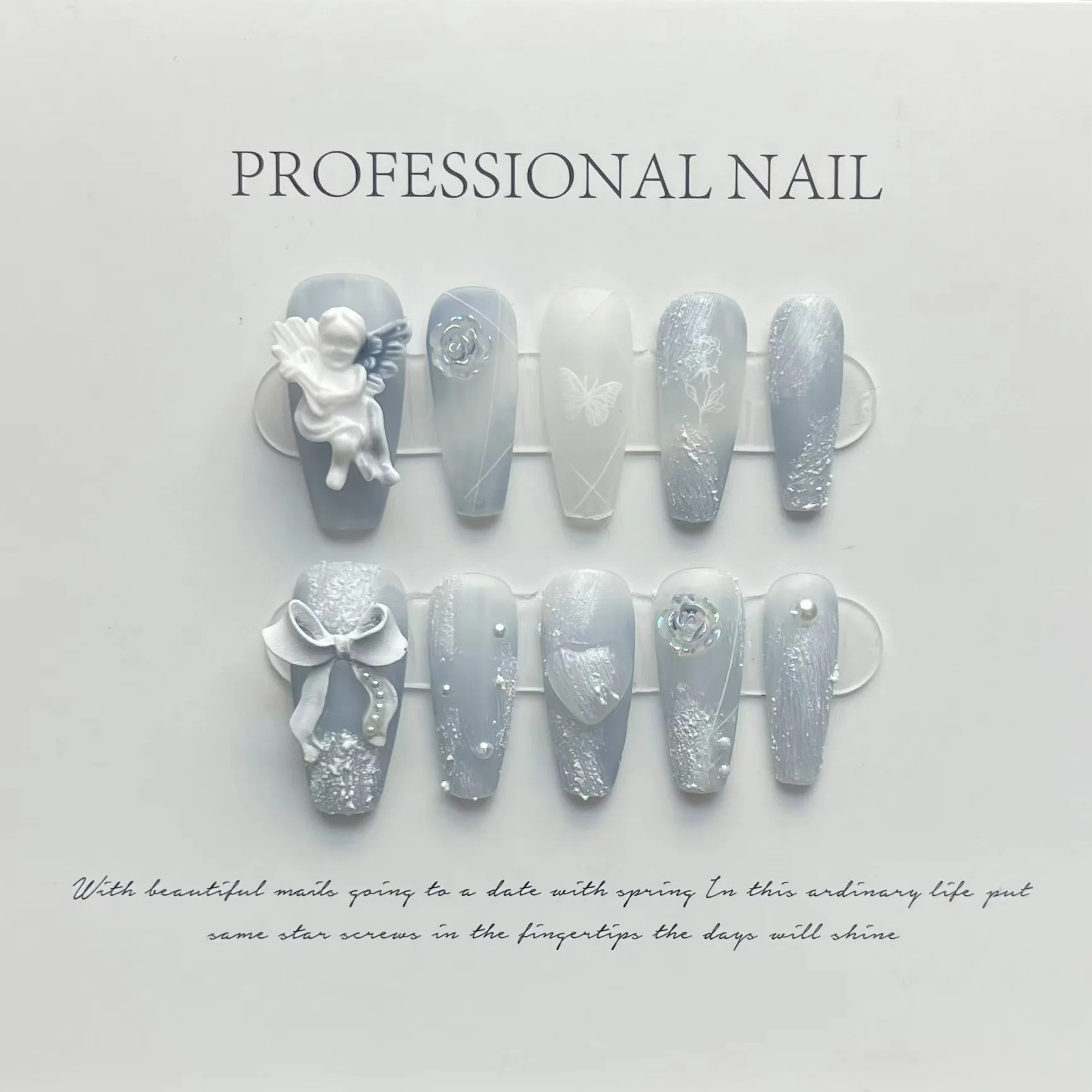 

10Pcs Long Ballet False Nails with Glue Wearable Handmade Nails Blue Bow Angel Design Fake Nail Tips Full Cover Press on Nails