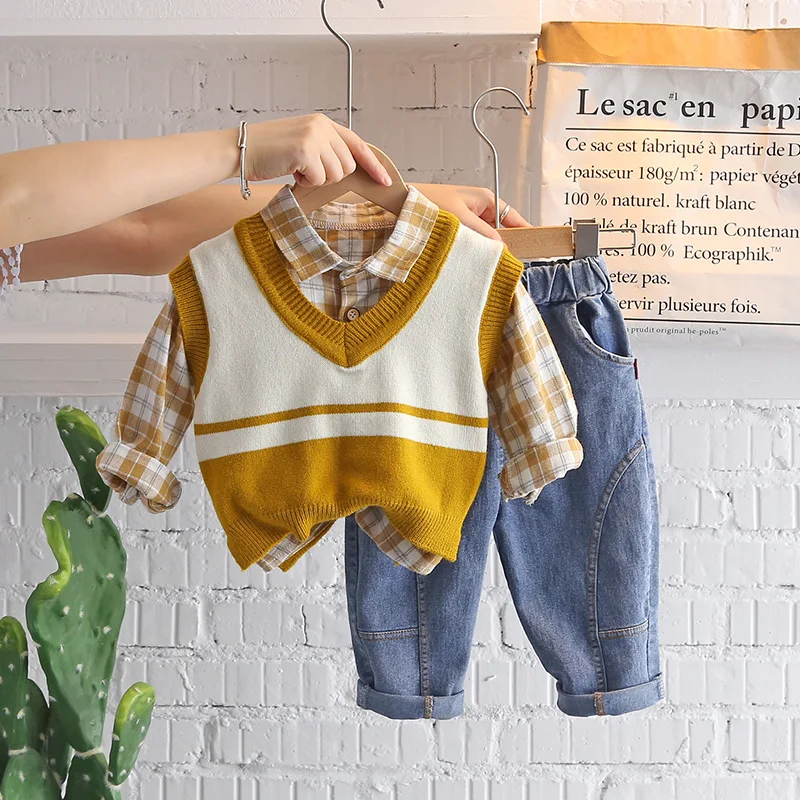 New Spring Autumn Baby Clothes Suit Children Boys Fashion Plaid Shirt Vest Pants 3Pcs/Set Toddler Casual Costume Kids Tracksuits