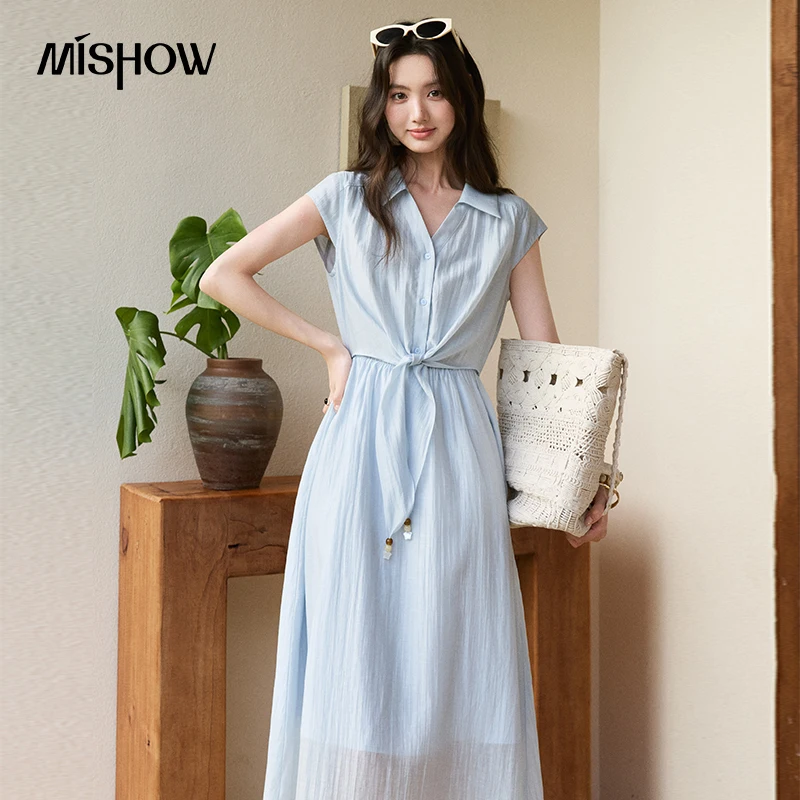 MISHOW Casual Lapel Blue Lace Up Dress For Women 2026 Summer New Gentle Waist Cinched Breathable A-Line French Dress MXF29L2743 MISHOW Casual Lapel Blue Lace Up Dress For Women 2026 Summer New Gentle Waist Cinched Breathable A-Line French Dress MXF29L2743