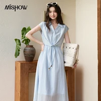MISHOW Casual Lapel Blue Lace Up Dress For Women 2026 Summer New Gentle Waist Cinched Breathable A-Line French Dress MXF29L2743