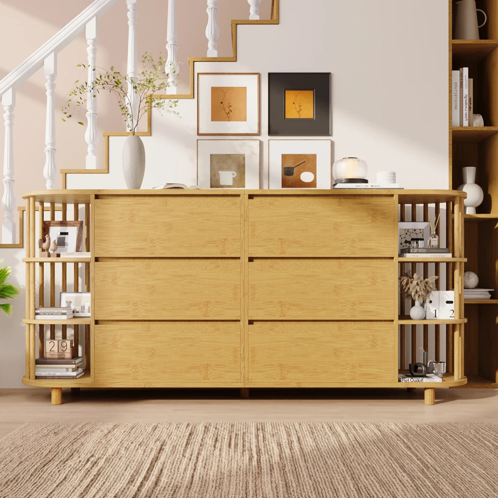 Kommode, Sideboard 160 cm, Eiche, mit Säulen und Bambusregalen, 6 Schubladen und offenen Regalen, höhenverstellbare Füße, L160 x H75 x B 40 cm – Detail 9