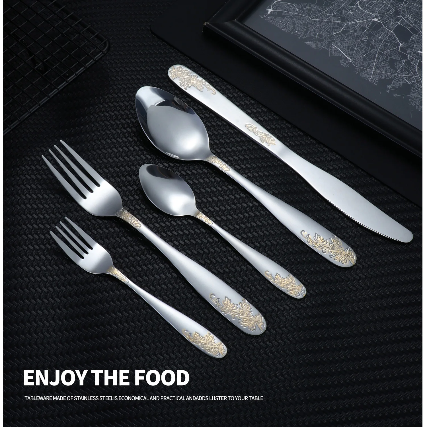 Description Picture 5 of item4/5/6/30pcs stainless steel exquisite gold-plated plant flower pattern knife, fork, spoon wide handle tableware set
