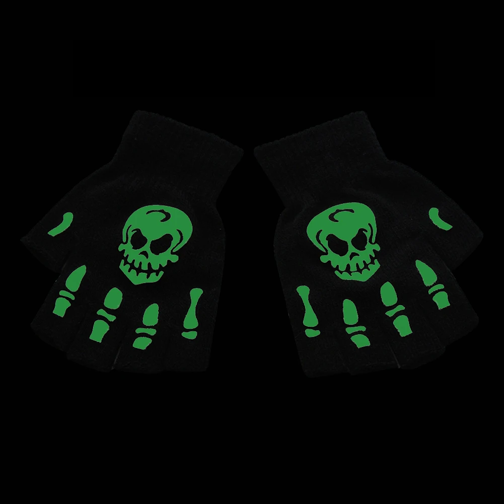 Glow Gloves Adult Kids Halloween Skeleton Skull Half Finger Luminous Gloves Winter Skull Fingerless Mitten Event Party Festive Cycling