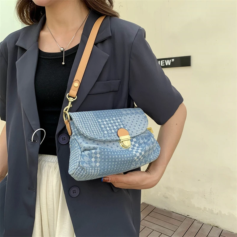 Luxury Designer Jeans Bag Vintage Houndstooth Pattern Women \'s Shoulder Bag Flap Zipper Denim Handbag Underarm Bag Shopper Tote