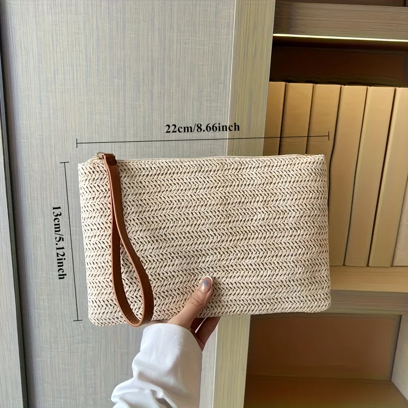 Natural Straw Woven Clutch Bag for Women Purse Wallet with Zipper Closure, Perfect for Parties, Festivals, Gift, Everyday Use
