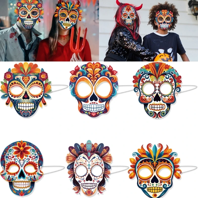 6Pcs Halloween Masks Party Masks Prop Mexicans Costume Scary Day of the Dead Skull Adult Cosplays Masquerade Props