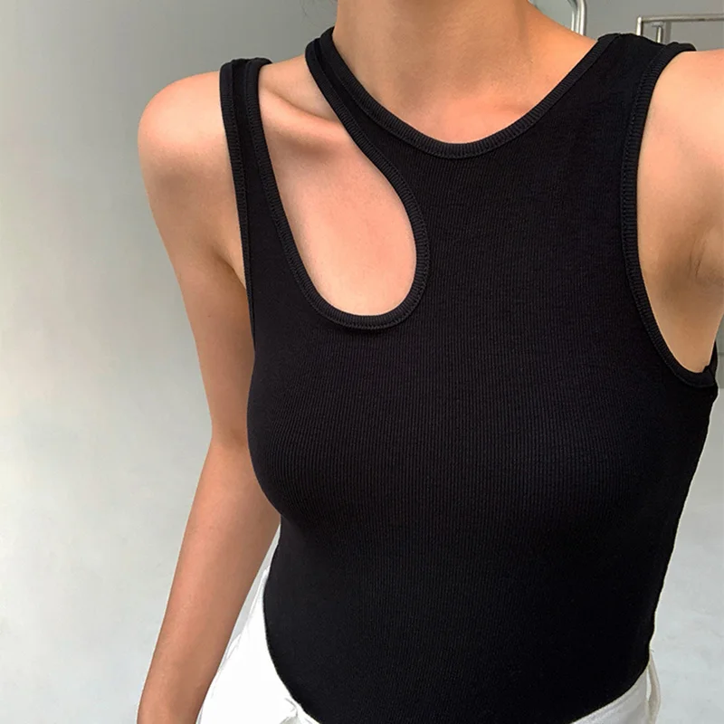 Casual y2k White Cut Out Women's T Shirt Round Neck Sleeveless Slim T Shirts Female Clothing 2022 Summer Fashion crop top women