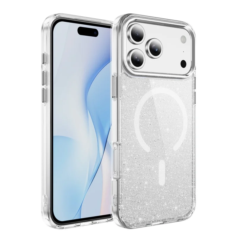 Glitter Clear MagSafe Magnetic Phone Case with Alloy Buttons and Anti-Fall Protection