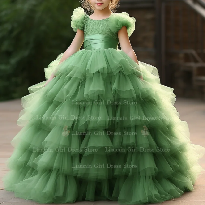 

New Green Tulle Ball Gown With Sash Tiered Cap Sleeve Flower Girl Dresses for Wedding Communion Party Pageant Clothes FL4-2.4