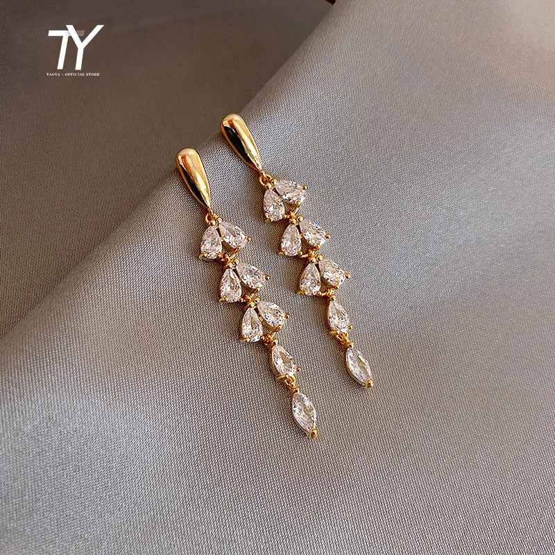 Shiny Zircon Tassel Leaf Shape Gold Color Earrings Women New Fashion Jewelry Wedding Party Unusual Girl's Luxury Earrings crystal tassel earrings,dangle earrings,drop earrings,long earrings,golden earrings
