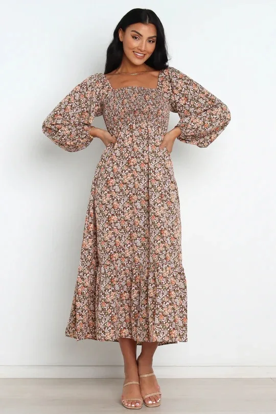 

European and American Fashion Women's Autumn New Square Neck Long Sleeved Floral Waistband Large Swing Dress for Women