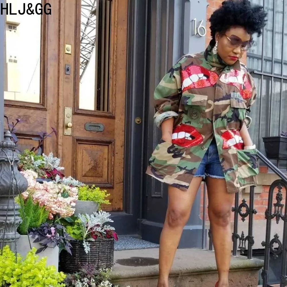 HLJ&GG Autumn Casual Camouflage Pattern Printing Coats Women Turndown Collar Long Sleeve Button Loose Tops Female Pocket Shirts