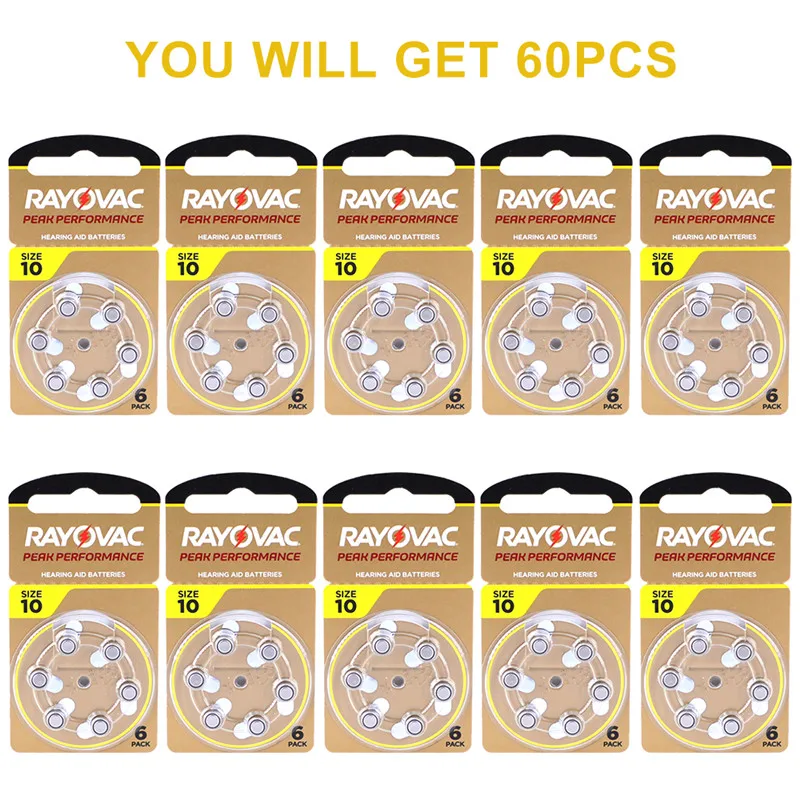 RAYOVAC PEAK Zinc Air 60 PCS High Performance Hearing Aids Batteries A10 10A 10 PR70 Hearing Aid Battery A10 For Hearing Aids