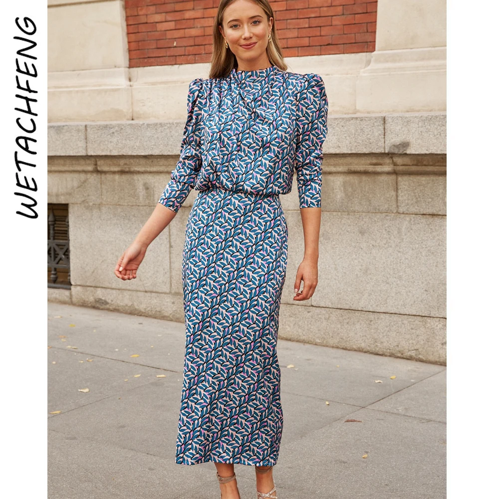 

Elegant Chic Satin Leaf print Fashion Maxi Women's Dress Long Sleeve Split High Waist Bridesmaid Dress Boho Party Evening Dress