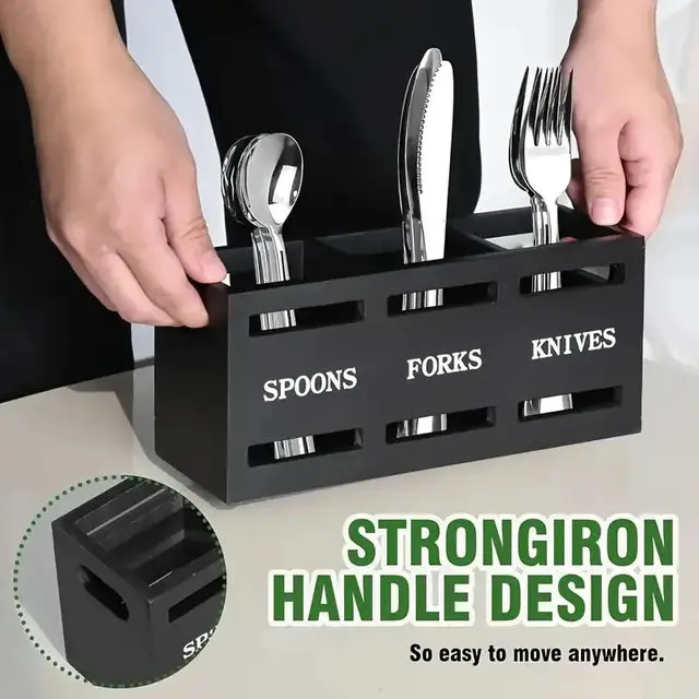 Spoon Caddy Wood Utensil Caddy With 3 Compartments Fork Spoon Holder