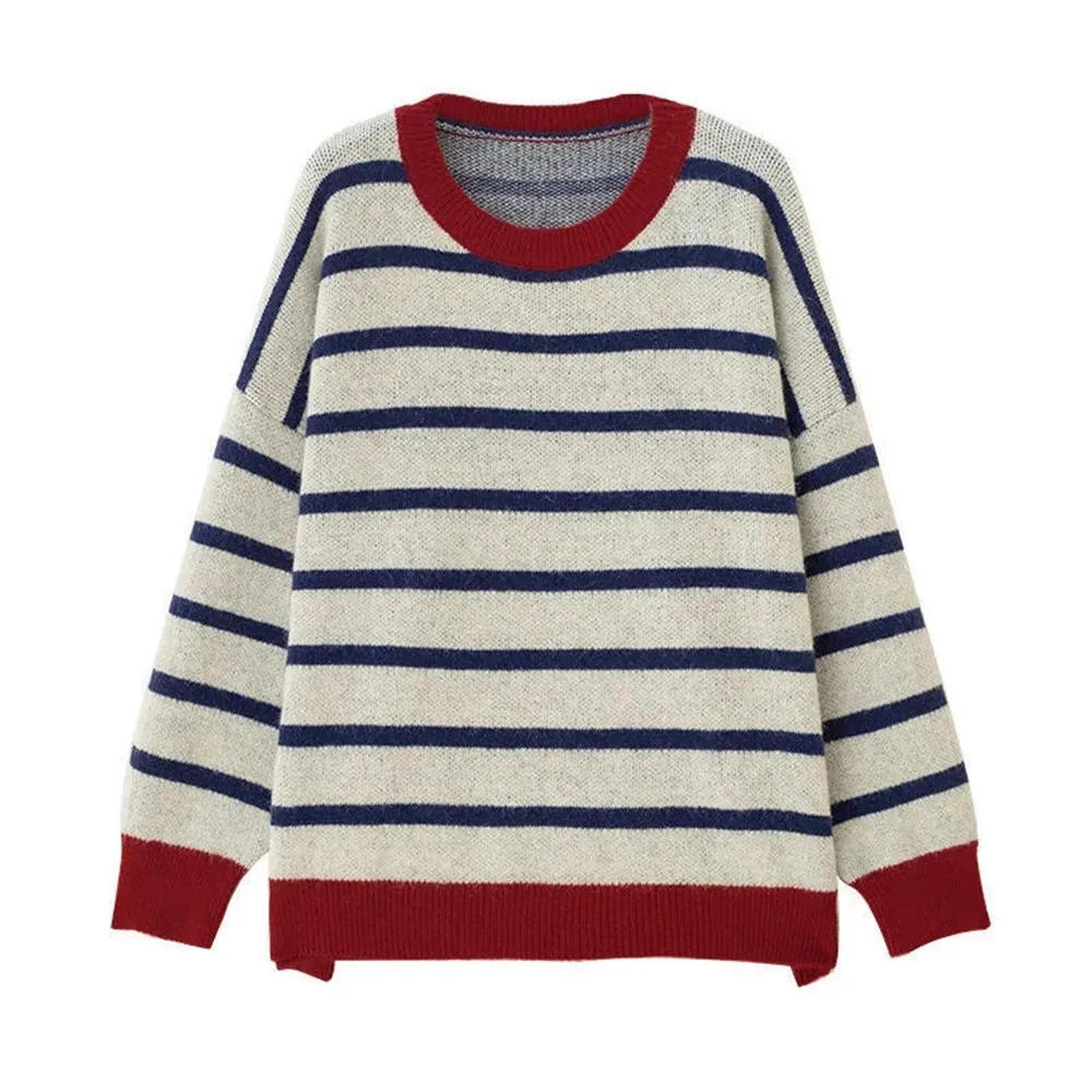 

Autumn Winter Women Pullover Striped Loose Oversized Knit Sweaters Female Bottoming Patchwork Trendy Large Size Lady Sweater