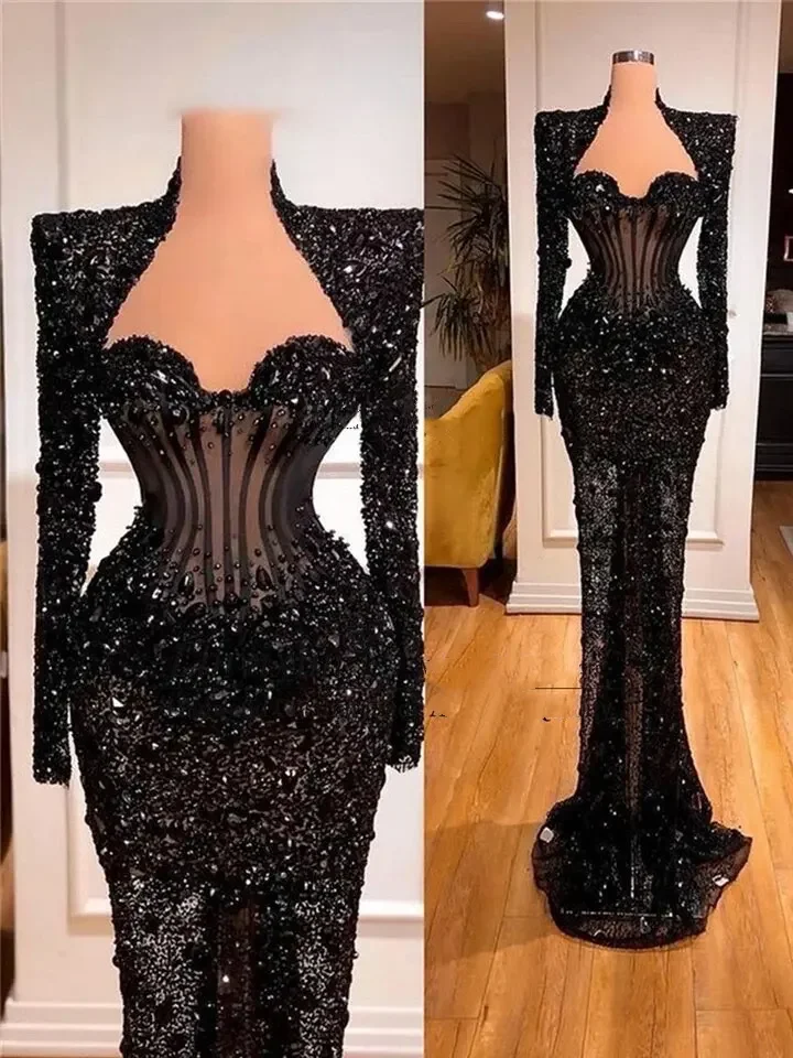 

Saudi Arabia Prom Dresses Black Elegant Evening Dress Sequins Sweetheart Beadings Floor Length Women Party Dreses