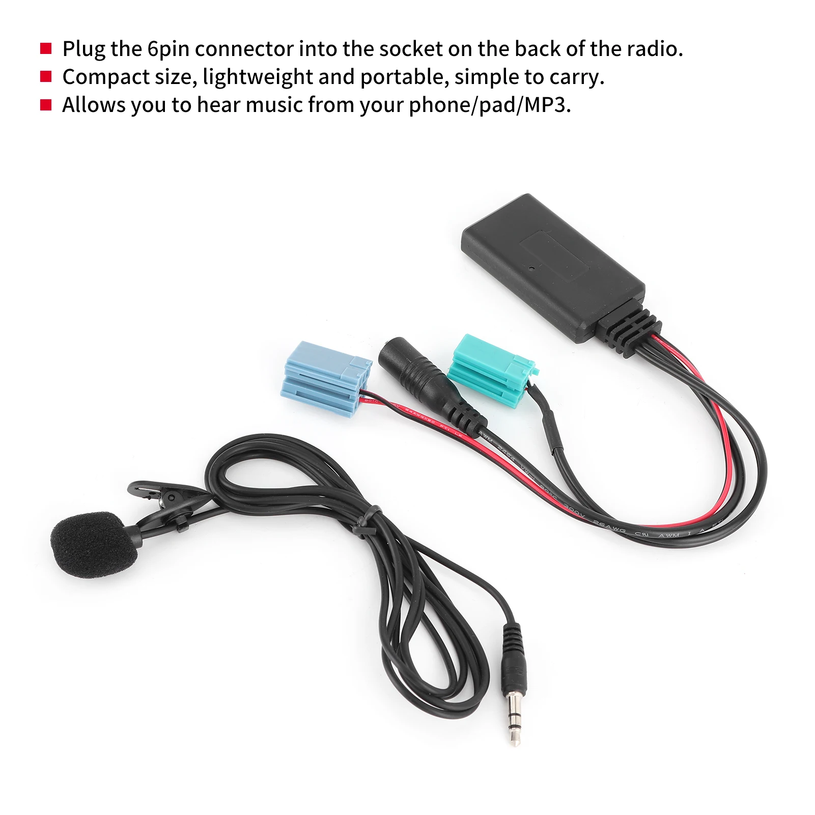 6Pin Bluetooth Audio Cable Car Stereo AUX‑IN Adapter with Microphone Fit for Renault Clio/Espace/Megane