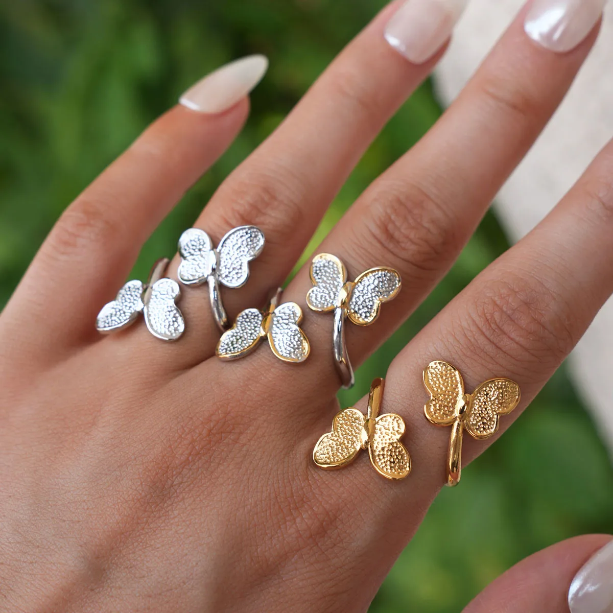 Exquisite Schmetterlings-Design-Edelstahlringe, 18 Karat vergoldet, wasserfest, hochwertiger Schmuck für den täglichen Gebrauch, Urlaub am Meer