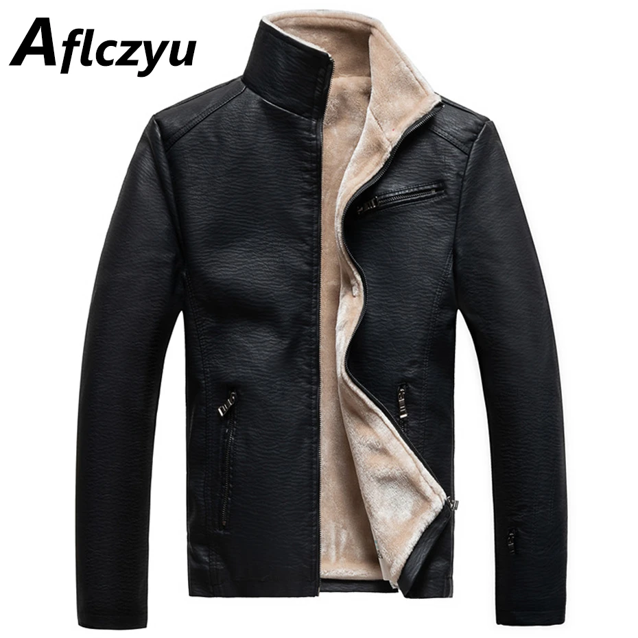 Winter Thick Fleece PU Jacket Men Motorcycle Biker PU Coat Male Fashion Causal Faux Leather Jacket Male Outerwear