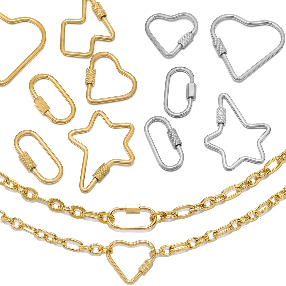 4 Stück Edelstahl-Herzschrauben-Verriegelungsverschluss, goldfarbener ovaler Stern-Karabinerverschluss für die Herstellung von Halsketten, Armbändern und Schlüsselanhängern
