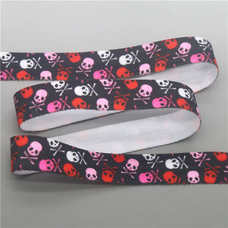 DHK 5/8'' 5yards Skull Printed Fold Elastic FOE Stretch Ribbon Hairbow Accessories Craft DIY Sewing E