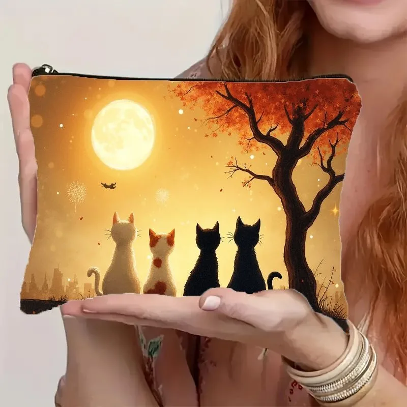 Eine Make-up-Tasche mit Happy Cat Whiskers-Kosmetiktasche. Leichter, faltbarer Make-up-Organizer mit Reißverschluss für die Reise-Aufbewahrungstasche – Detail 8