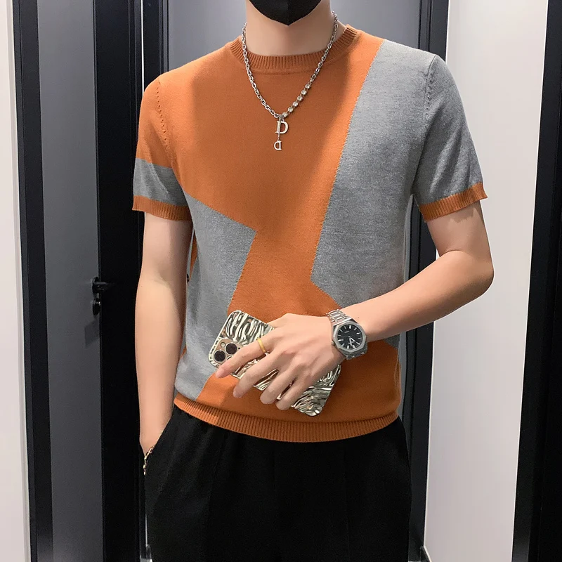 

2023 Contrast Stitching T Shirt Patchwork Color Slim Fit Knitted T Men O-Neck Stretched Tee Shirt Streetwear Casual T-Shirt