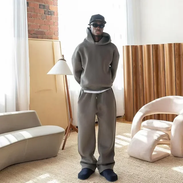 Korean Fashion Solid Color Sweatshirt Fleece Two-Piece Men's Y2K New Harajuku Casual Joker Straight Pants Couple Street Wear 1