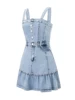 Women s Sleeveless Denim Jumpsuit with Button Up Front and Square Neckline Solid Color Overall Mini Dress for Summer Beachwear 1
