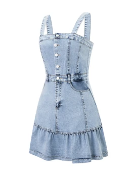 Women s Sleeveless Denim Jumpsuit with Button Up Front and Square Neckline Solid Color Overall Mini Dress for Summer Beachwear 1
