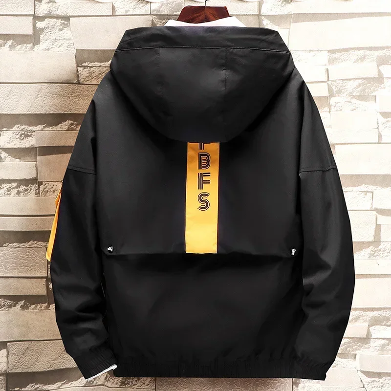 Mens Spring Autumn Jacket Zipper Casual Hooded Patchwork Windbreaker