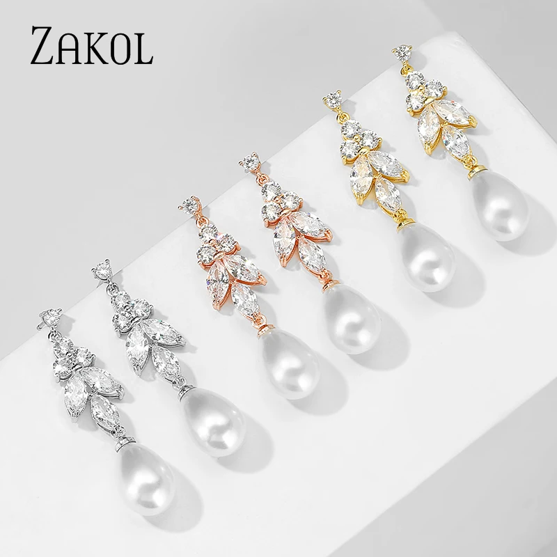 Pearl Cubic Zirconia Earrings,Drop Dangle Suds For Bride & Bridesmaids