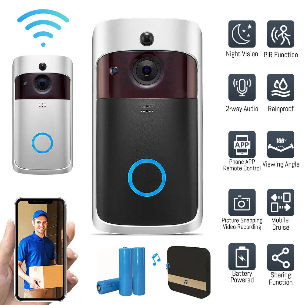 

V5 Wireless Doorbell with Chime Battery WiFi Door Bell Camera Voice Intercom Night Vision PIR Motion Detection Security Camera