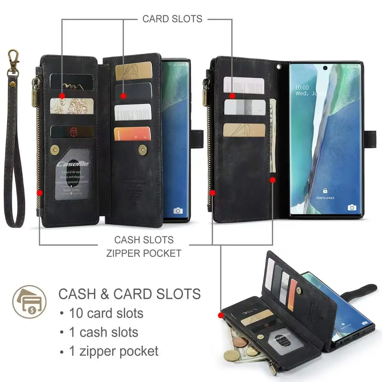 Retro Zipper Wallet Case For Samsung Note 10 Plus Note 20 Ultra Anti-fall Multifunctional Cover Card Slots Coque With Lanyard