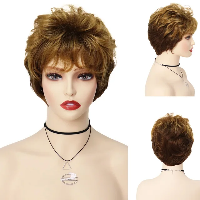 GNIMEGIL Synthetic Wig for Woman Short Brown Curly Wig with Bangs Fluffy Layered Hairstyle Female Natural Wig Lady Mommy Wig 096