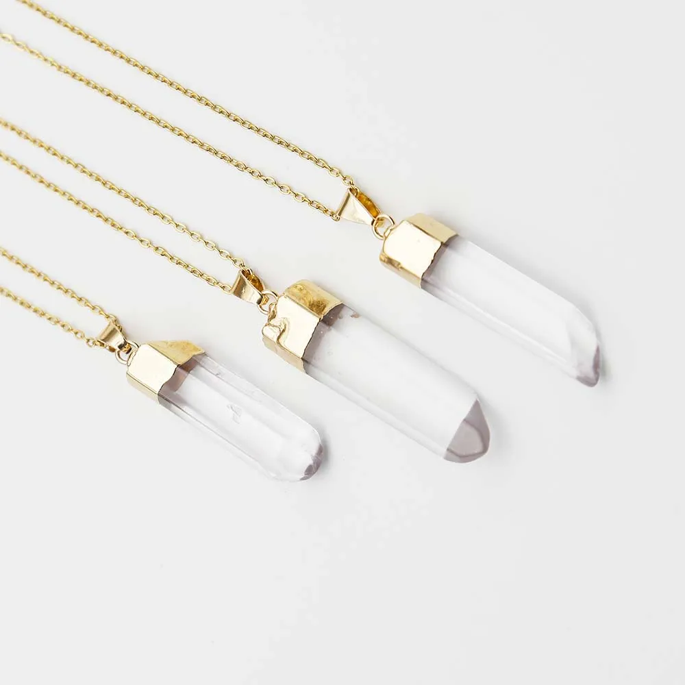 Natural White Crystal Pendant Stainless Steel Gold Plated Chain Necklace Charm Jewelry Men's And Women's Party Accessories 6Pcs