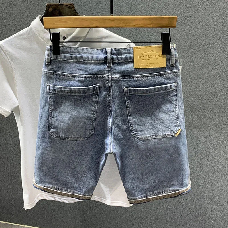 Short Jeans Pants for Men Man Denim Shorts Ripped Stretch Wide Korean Fashion Harajuku with Free Shipping Y2k Buttons New In Cut