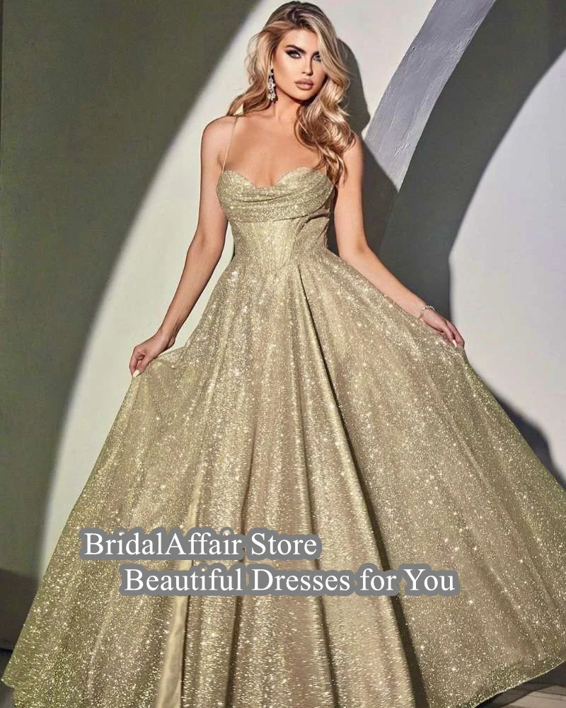 BridalAffair Sparkly Dusty Blue Champagne Tulle Long Prom Dresses Plus Size Spaghetti Straps Glitter Evening Gowns Women Prom Dresses