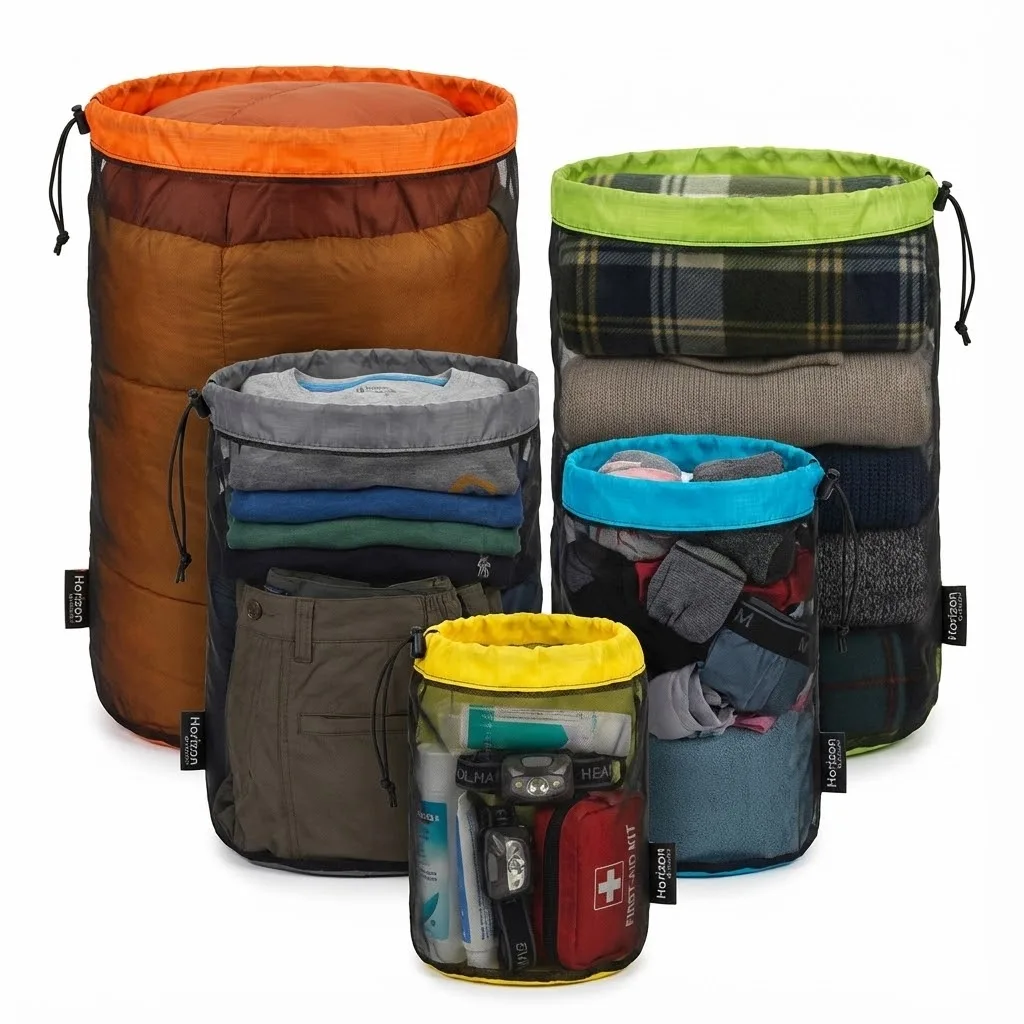 Ultralight Mesh Stuff Sack Drawstring Storage Bag High-Density Nylon Organizer Pouch for Camping Hiking Clothes Sleeping Bag