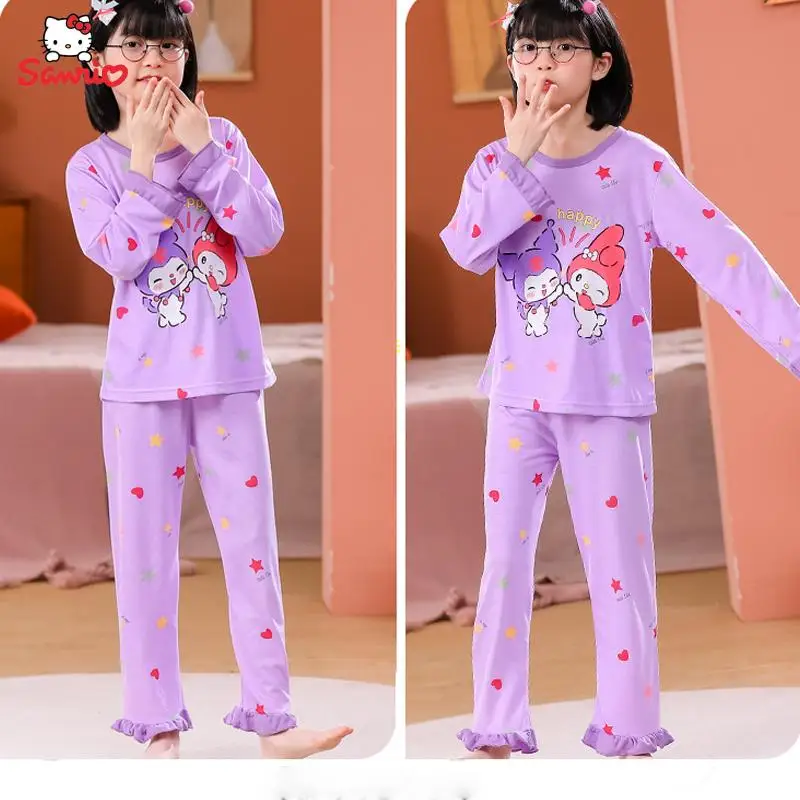 

Kawaii Sanrio Hello Kitty Kuromi My Melody Cartoon Anime Children's Pajamas Thin Long Sleeves Can Be Worn Outside Loungewear Set