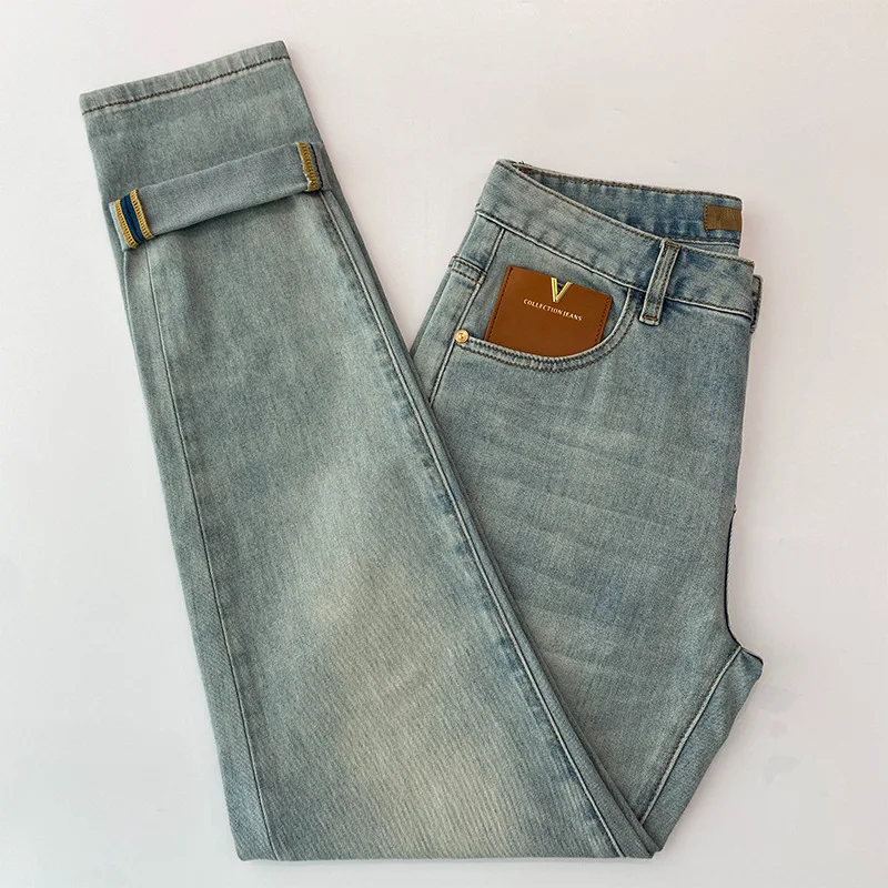 High-end affordable luxury jeans men's summer thin slim fit skinny casual all-match Street trendy retro blue stretch trousers